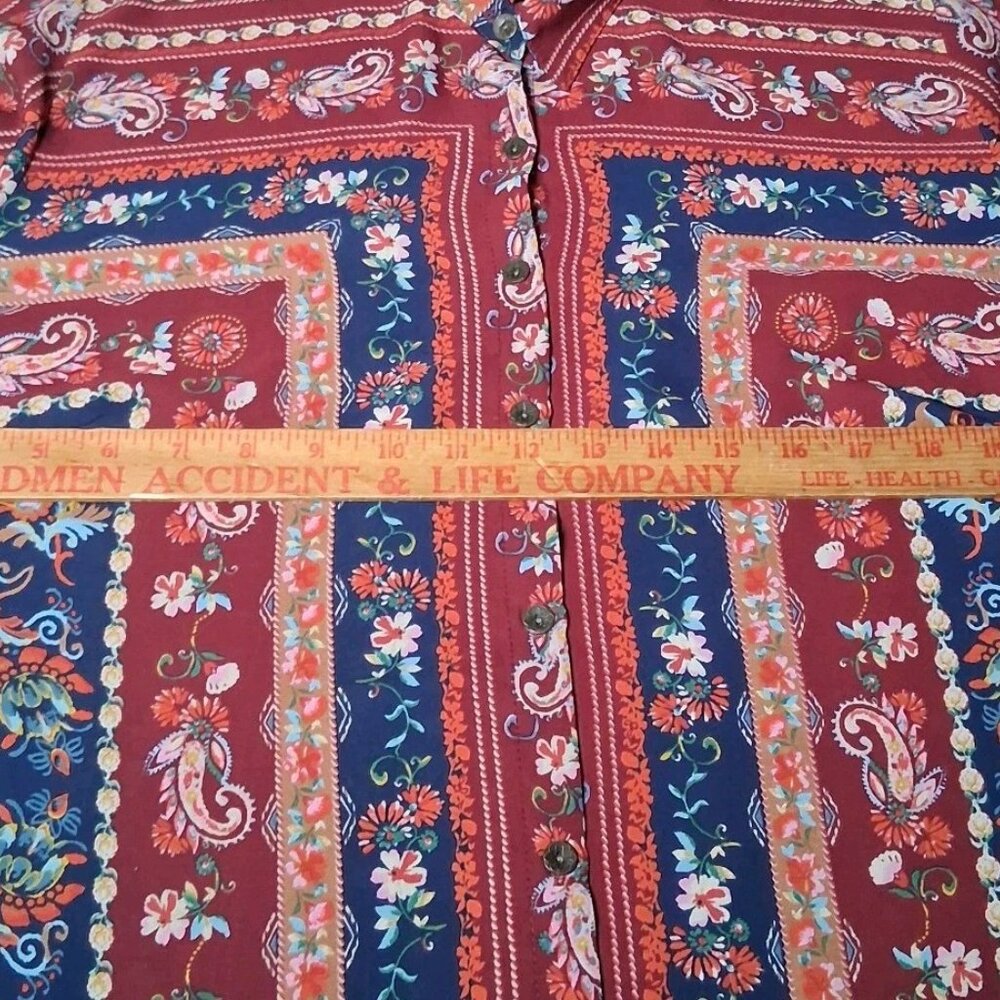 Dressbarn Blouse XL Maroon Blue Paisley Floral Tapestry Semi Sheer Long Sleeve - Picture 4 of 16